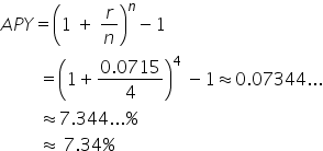 A P Y equals open parentheses 1 space plus space r over n close parentheses to the power of n minus 1
space space space space space space space space space equals open parentheses 1 plus fraction numerator 0.0715 over denominator 4 end fraction close parentheses to the power of 4 space minus 1 almost equal to 0.07344...
space space space space space space space space space almost equal to 7.344... percent sign
space space space space space space space space space almost equal to space 7.34 percent sign
