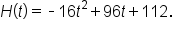 H open parentheses t close parentheses equals short dash 16 t squared plus 96 t plus 112.